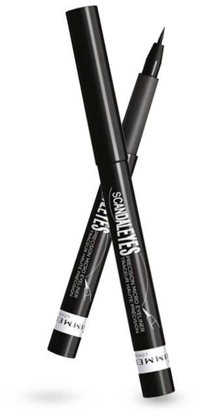 Twee zwarte Rimmel Scandaleyes Precision Mikro Eyeliners gekruist, met dopjes.