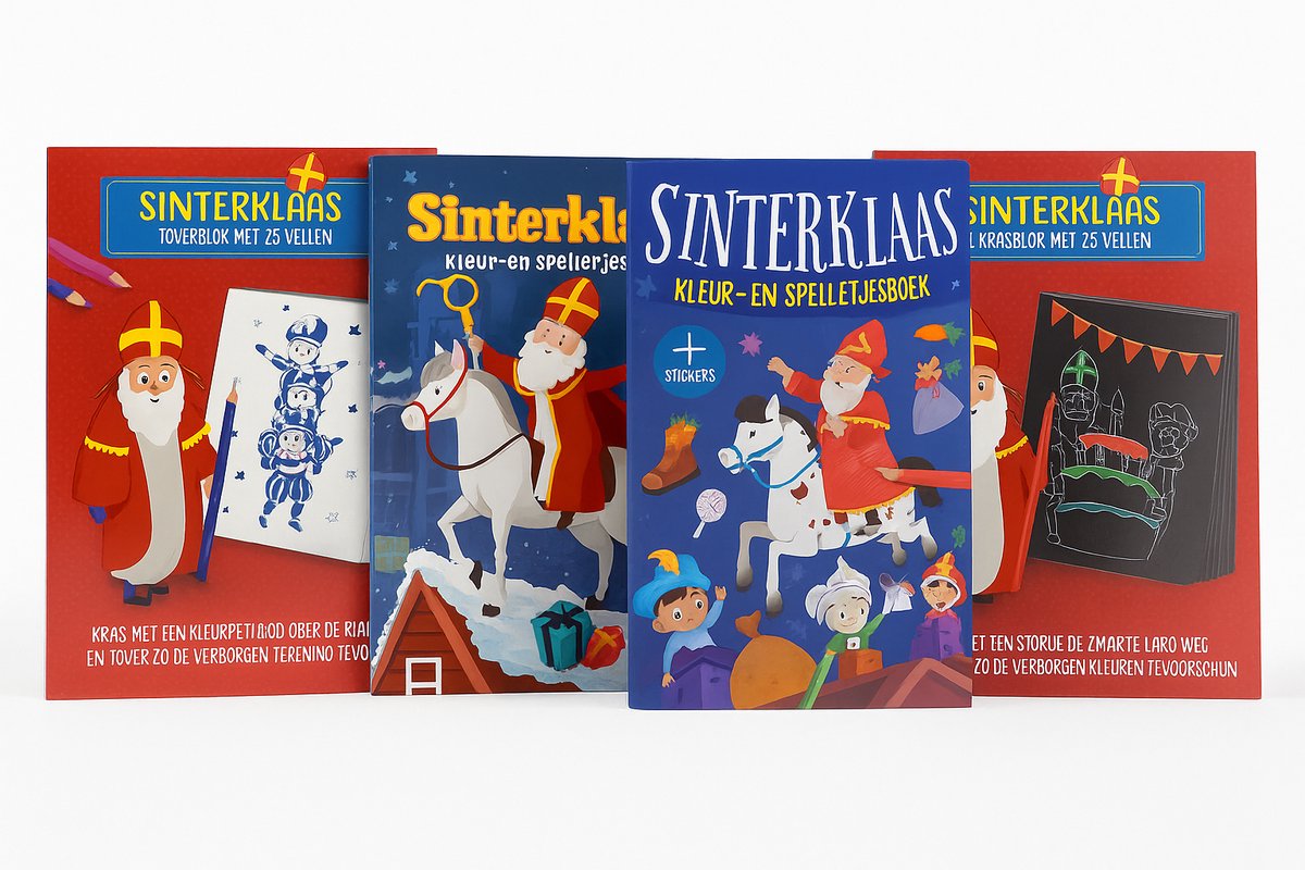 Sinterklaas Kleur- en Spelletjesboeken Set – 4-Delig – Inclusief Krasboek, Toverboek & 2 Kleur- en Spelboeken met Stickers – Creatief Cadeau voor Kinderen