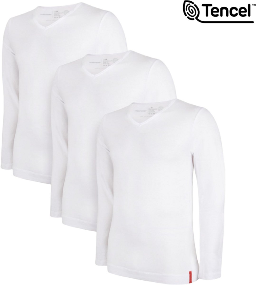 Undiemeister T Shirt Heren - Lange Mouwen - 3-Pack - Chalk White (Wit) - Mellowood Tencel - Ademend en Temperatuurregulatie - Slim Fit T-shirt - V-Hals - Maat XXXL