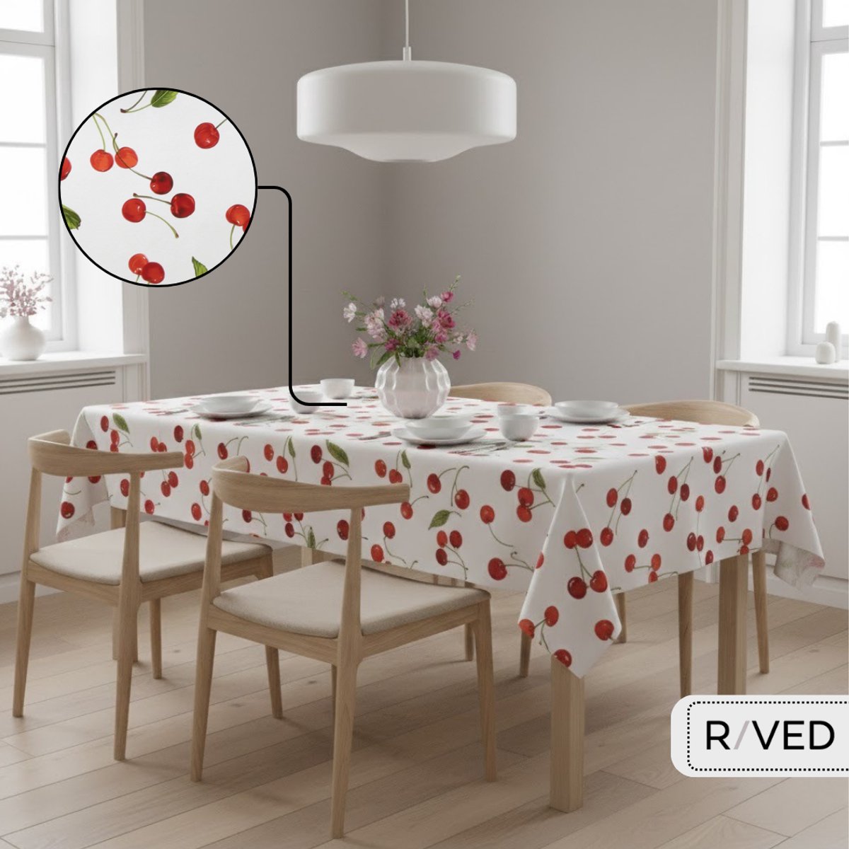 Raved tafelzeil 140 cm × 270 cm – kersenprint rood – PVC – afwasbaar