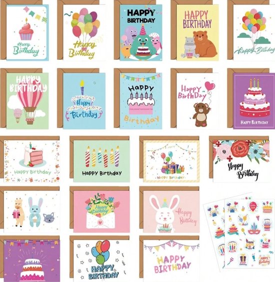 30 bright watercolor birthday cards with envelopes made from recycled paper, 30 different designs (30 watercolor birthday cards