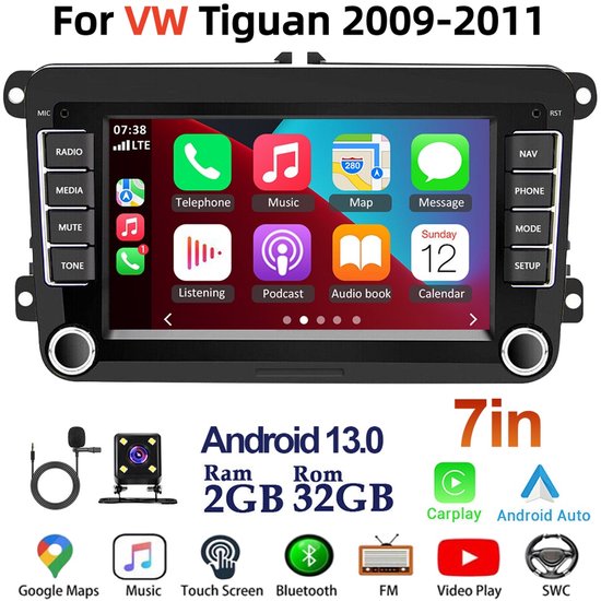 7inch Android 13 Auto Radio for VW Tiguan 2009-2011 | 2+32G GPS Navigatie Head Unit met Draadloos CarPlay/Android Auto, Bluetooth, WiFi, FM + Achteruitrijcamera