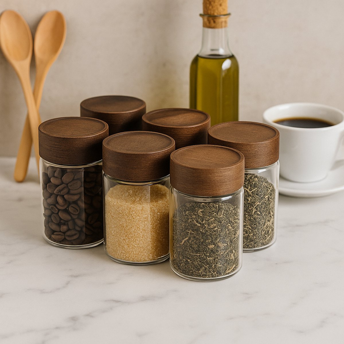 Bavary Collection – 6-delige glazen kruidenpotten met houten draaideksel – 250 ml – Compact formaat – 6,5 x 10 cm – Voor kruiden, thee en suiker