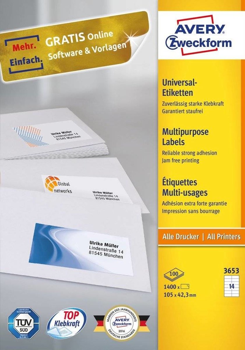 AVERY Multifunctionele etiketten, 105 x 42,3 mm, wit