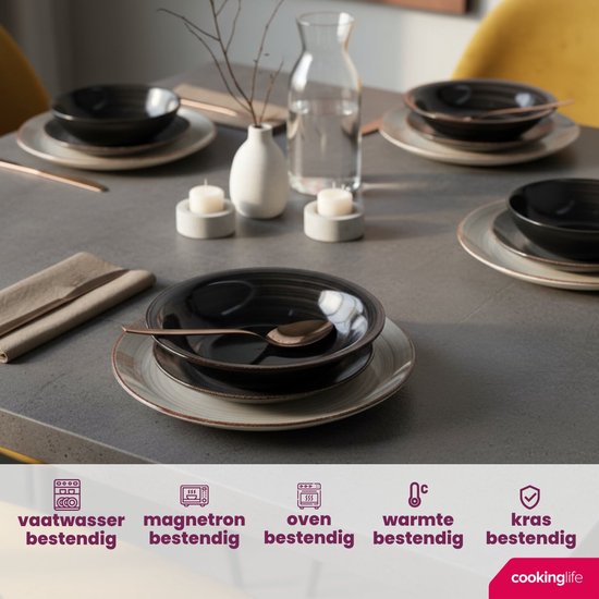 Cookinglife Serviesset Delice Grijs 18-delig - 6 Personen - Bevat 6 Dinerborden, 6 Diepe Borden en 6 Ontbijtborden - Aardewerk met Subtiele Grijze Glazuurlaag - Vaatwasser- en Magnetronbestendig - Tijdloos, Neutraal en Perfect voor Elke Tafelsetting — afbeelding 2