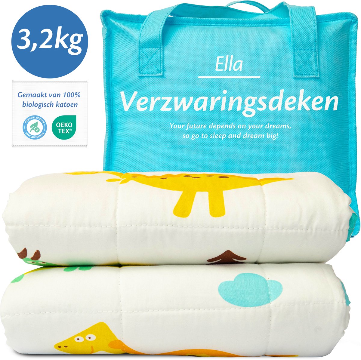Ella Verzwaringsdeken Kind 3,2kg - OEKO-TEX Katoen Zwaartedeken 100 x 150cm - Weighted Blanket - Verzwaarde Deken Dino
