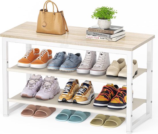 Schoenenrek met 3 niveaus, schoenenbank met houten plaat, schoenenrek met zitbank, plank vliesstof, voor entree, hal, woonkamer, draagkracht 150 kg, wit