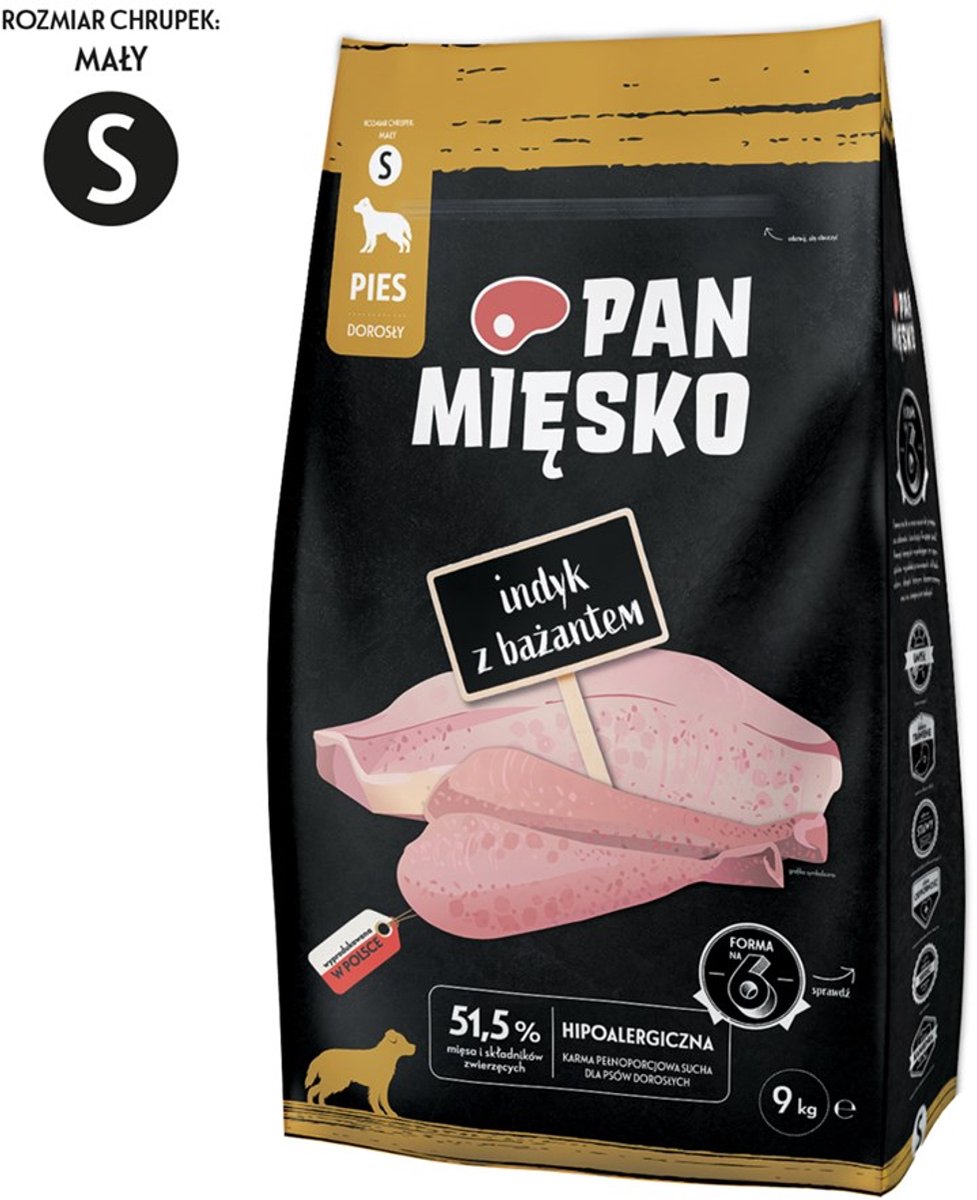 PAN MIĘSKO Pan Mięsko – Droge hondenvoeding – Kalkoen & Fazant met groenten – Kleine rassen – Chrupki S – 9 kg – Hypoallergeen & rijk aan eiwitten