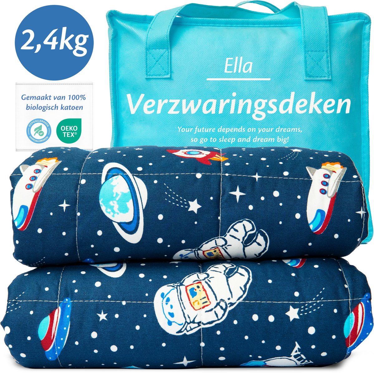 Ella Verzwaringsdeken Kind 2,4kg - OEKO-TEX Katoen Zwaartedeken 90 x 120cm - Weighted Blanket - Verzwaarde Deken Ruimte & Astronauten