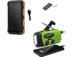 Noodradio Solar Opwindbaar en Batterij - Noodpakket - Draagbare Survival Radio - Inclusief 10.000 mAh Solar Powerbank en Noodfluit - Powerbank Zonneenergie - Bouwradio - Zaklamp - Groen