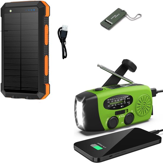 Noodradio Solar Opwindbaar en Batterij - Noodpakket - Draagbare Survival Radio - Inclusief 10.000 mAh Solar Powerbank en Noodfluit - Powerbank Zonneenergie - Bouwradio - Zaklamp - Groen