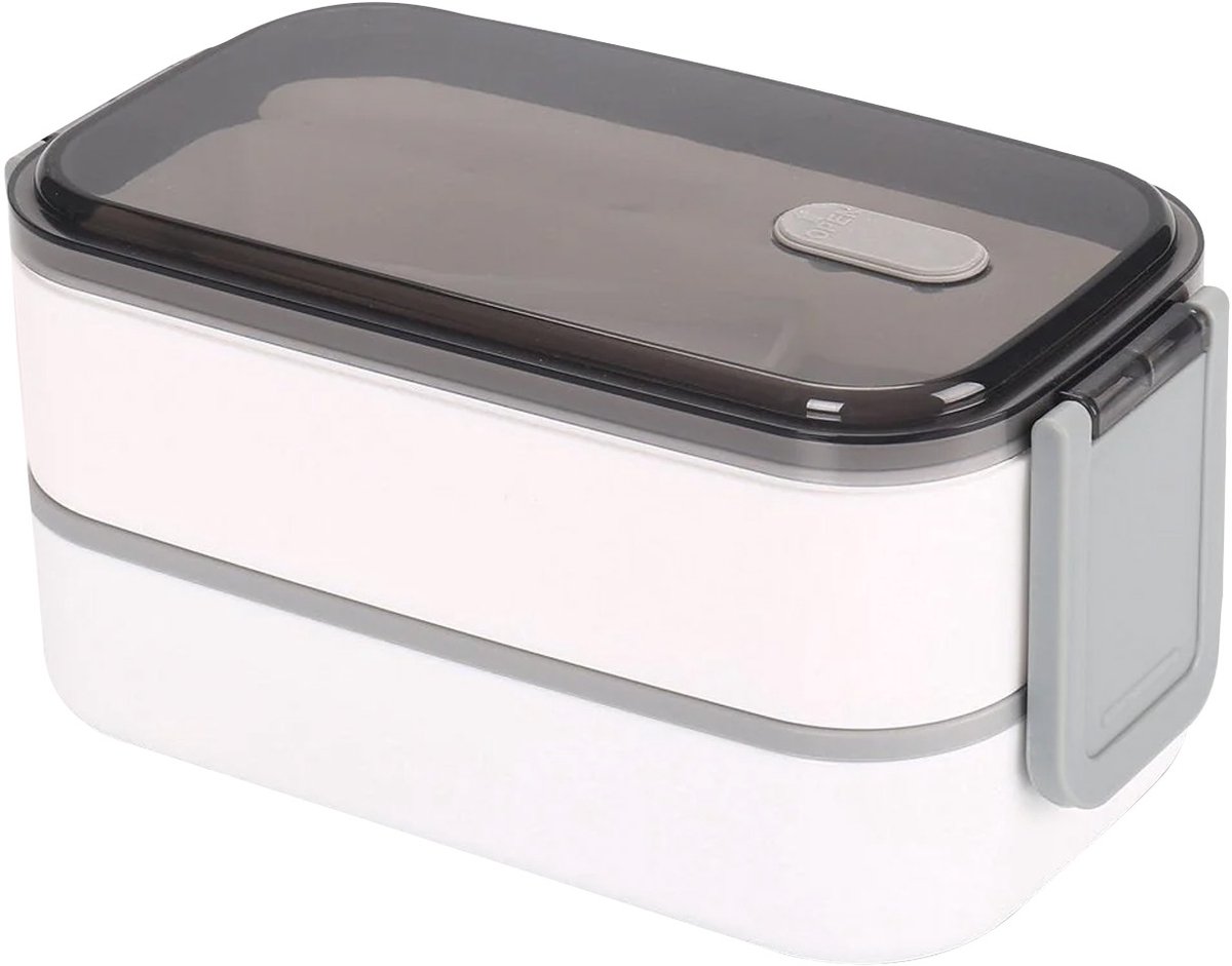 Cheffinger, Voedselcontainer Dubbel Compartiment 2 Niveaus met Hermetisch Deksel, Wit / Grijs