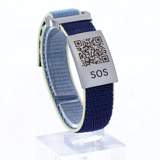 DynaTag SOS Armband Medische Armband met QR-code - Textiel Blauw/Geel - Volwassenen en Kinderen