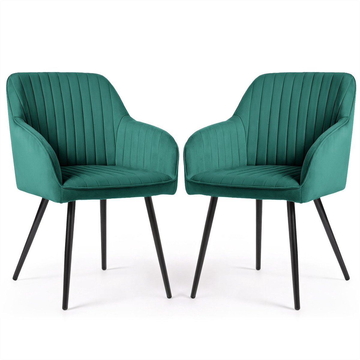 Set van 2 Eetkamerstoelen FLORENCE met Armleuningen / Gestoffeerde Stoelen / Fluwelen Stoelen en Metalen Poten / Flesgroen met zwarte benen