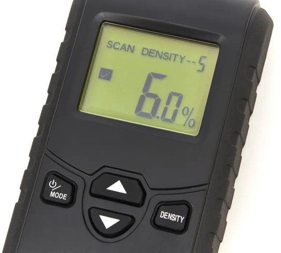Zwarte vochtmeter met groen LCD-scherm dat '6.0%' aangeeft.