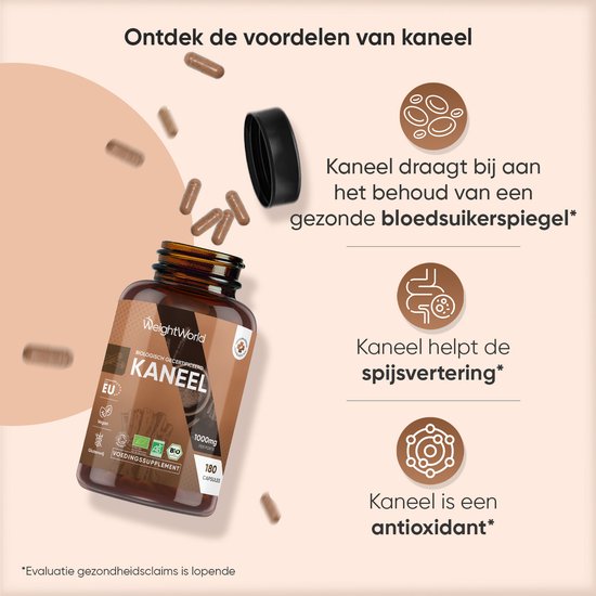 Pot WeightWorld biologische kaneel capsules met uitleg over voordelen: gezonde bloedsuikerspiegel, spijsvertering, antioxidant.