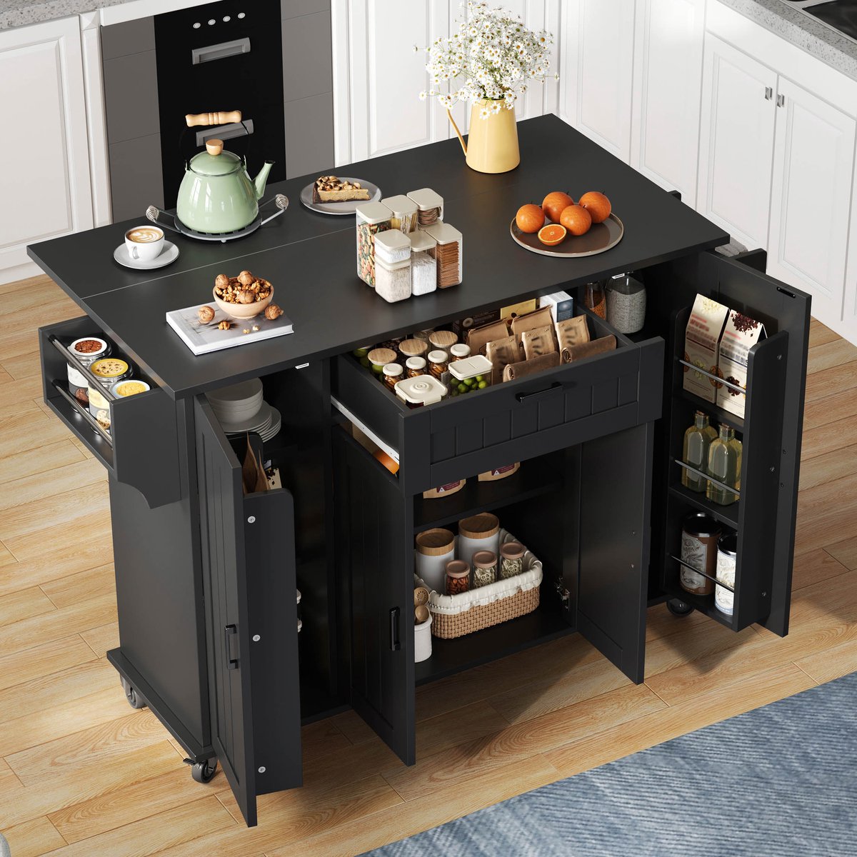 Sweiko Keukeneiland - Eettafel - Dressoir - Opvouwbaar tafelblad - Met lades - 2 handdoekrekken - Zwart