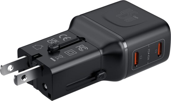 Jooier Super Slim Universele Reisstekker 65W - Mini Wereldstekker voor 180+ Landen - 2x USB-C Poort - Geschikt voor Smartphone, Laptop en Tablet - Compact & Lichtgewicht