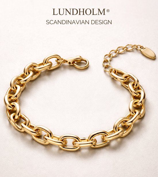 Lundholm Armband Dames Goudkleurig Schakelarmband Groot – Premium Stainless Steel Jewellery Gold Plated - Greta Serie - Armband Grove Schakel My (16 + 4 cm) – Luxe Geschenkverpakking – Cadeau voor Haar
