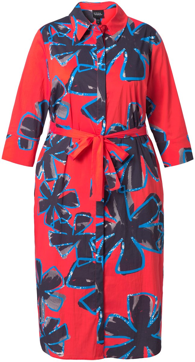 Ulla Popken Dames - Midi-jurk met overhemdblouse bloemen A-lijn 3/4-mouwen - Paprikarood - Maat 50+