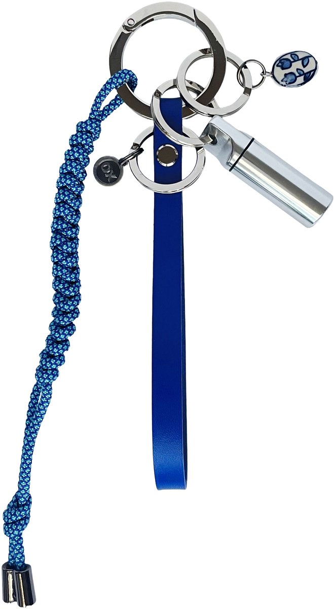 OX Originals - Tassenhanger - Sleutelhanger - Bag Charm - Met Polsband, Pillendoosje en Porceleinen Tulp Bedel - Blauw - Chroom