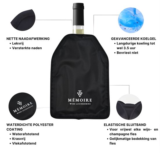 Zwarte wijnkoeler met "MÉMOIRE WINE ACCESSORIES" logo, met uitleg over koelgel, naden, coating en sluitband.