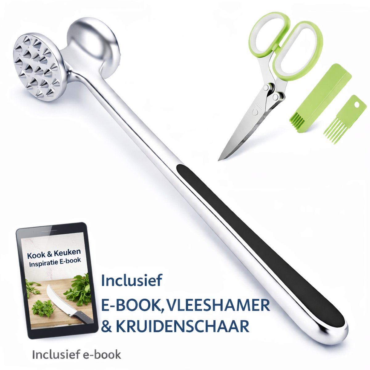 BooGoo® - Professionele Vleeshamer & Vleesklopper - RVS - Inclusief Kruidenschaar & E-book - Platte en Gekartelde kant - Topkwaliteit RVS