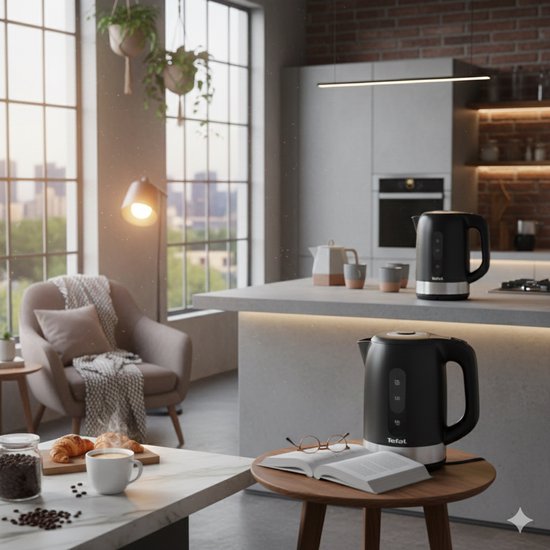 Zwarte Tefal waterkoker op een salontafel met een open boek en bril, bij een fauteuil.