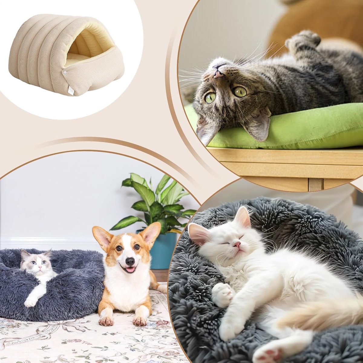 Kattenmand - Kattenhuis - Kattenbed - Puppybedgrot - Nestvormige bench - Gesloten mand - Binnen - Buiten - Slaapkamer - Woonkamer - Winter - Huis - Voor katten - Honden - Puppy's - 45X30X19CM - Lichtbeige – foto 4