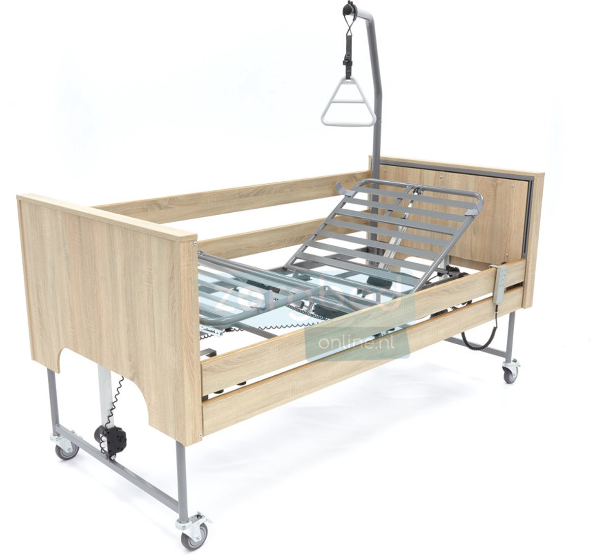 Elektrisch Hoog-Laag Zorgbed 90x200 cm – EcoFit S Deluxe Wild Eiken – Trendelenburg & Zijhekken