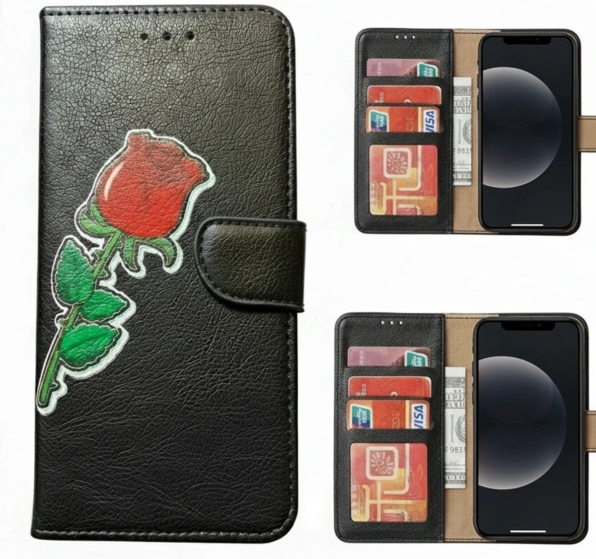 Apple Iphone 15 Pro Max Book case - Boekhoes met pasjeshouder - Portemonneehoesje met Kaartenhouder – Beschermcase met Animatie Roos – Boekhoesje met roos / bloem