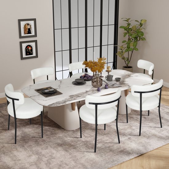 Chaises de salle à manger Puluomis - Set de 6 - Teddy Fleece - Peau d'agneau - Pieds métalliques - Chaises - Wit - Coussins d'assise rembourrés - Dossier incurvé