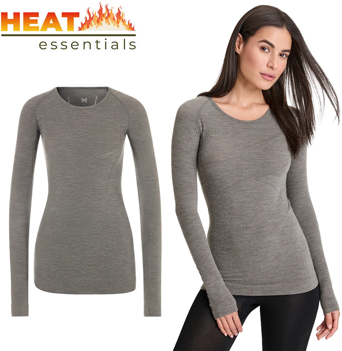 Heat Essentials Thermoshirt Dames- Merinowol - Grijs - L - Thermokleding Dames- Thermo Ondergoed Dames