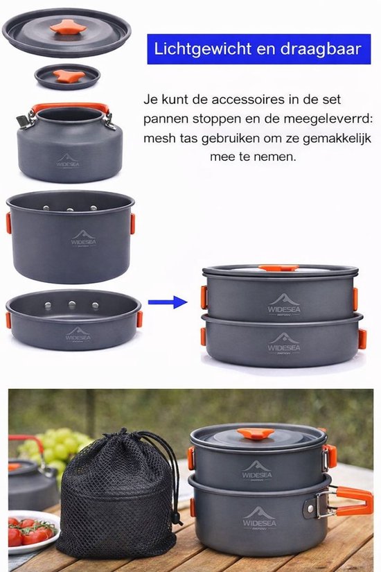 Pannenset - Noodpakket - 8 in 1 Kookset - Oorlog - Nood - Ramp - Thuis - Indoor - Outdoor - Camping Survival - Pan - PFAS vrij - Antiaanbaklaag - 2 tot 3 Personen - Hiking - Lichtgewicht - Aluminium - Koken - Picknick - Reis vakantie - Reizen — afbeelding 2