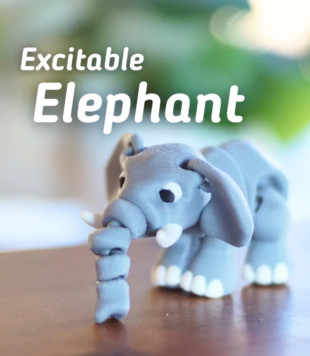 Opgewonden Olifant 3D Print - Vera's Arts & Dice - Excitable Elephant 3D Print - Speelgoed - Verzamelobject - Olifanten Figuur - Grijs Wit Zwart