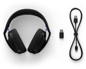 Zwarte Logitech G gaming headset met paarse accenten en toebehoren (USB-dongle en kabel) op witte achtergrond.