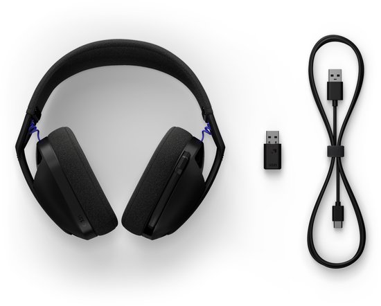 Zwarte Logitech G gaming headset met paarse accenten en toebehoren (USB-dongle en kabel) op witte achtergrond.