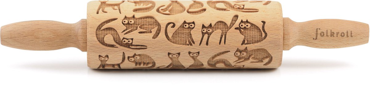 Folkroll deegroller, katten, junior, 23 cm, deegroller, embossingroller, patroon, motief, rol, beukenhout, 330531