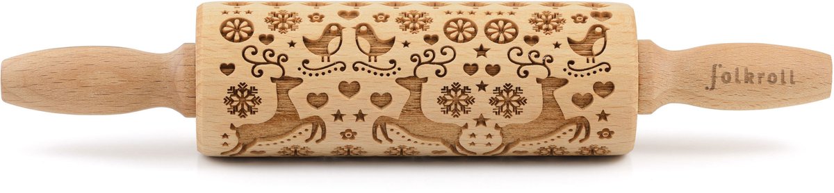 Folkroll deegroller rendier kerst, junior, 23 cm, deegroller, embossingroller, patroon, motief, roller, beukenhout, 330487