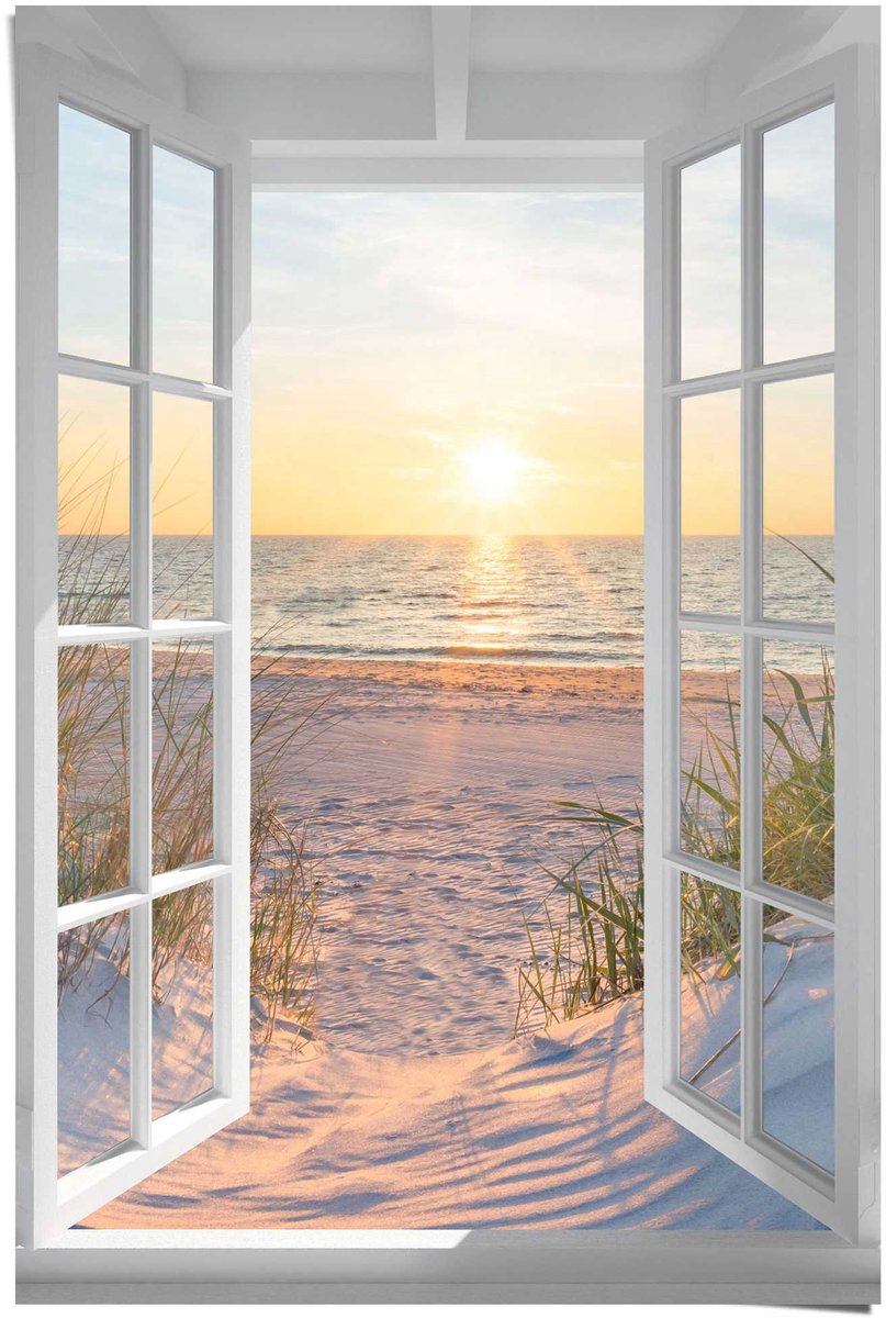 REINDERS Poster Zonsondergang door het raam - 91,5 x 61 - Papier - REINDERS Beige