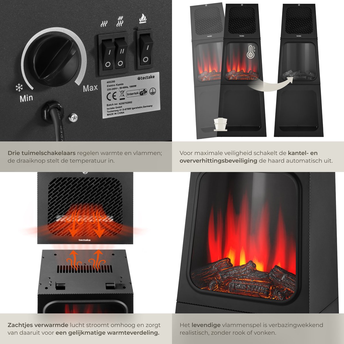 tectake® Elektrische Haard, Sfeerhaard, 900 & 1800W, Vrijstaand, 60 x
