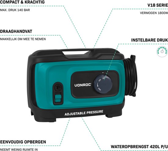 VONROC Hogedrukreiniger V18C - 1800W - 140 bar - drukregelaar - Incl. accessoires van VONROC — afbeelding 2