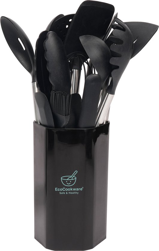 Keukengerei - keukengereedschap - 15-delige set kitchentools in Zwart - siliconen met RVS - hittebestendig - BPA en latex vrije keukenset - vaatwasserbestendig