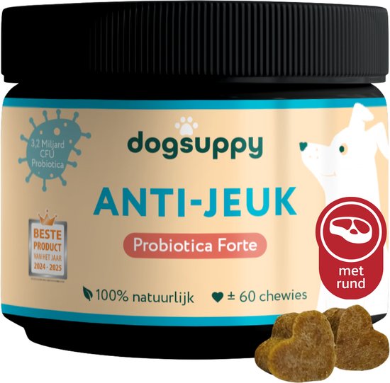 Anti-Jeuk Probiotica [met rund] - Bij Krabben, Poten likken en Allergieën - 100% natuurlijk - 60 heerlijke snoepjes - Vermindert Huidgevoeligheid - Ondersteunt Darmgezondheid & Natuurlijke Weerstand - 3.4 miljard CFU Probiotica per snoepje