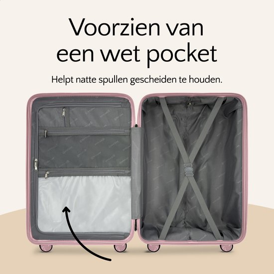Roze koffer interieur met nat vak en gespbanden.