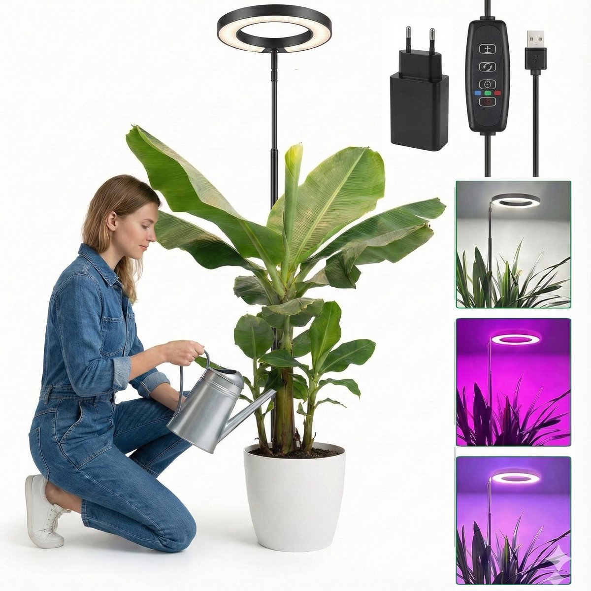 MUPOO Groeilamp Planten Zwart 72 LEDS met Adapter - Kweeklamp LED Full Spectrum - 16cm Ring - 10-Traps Dimmen - Verstelbaar (35-155cm) - Timer 3/9/12 - Telescopische Plantenlamp voor Kamerplanten
