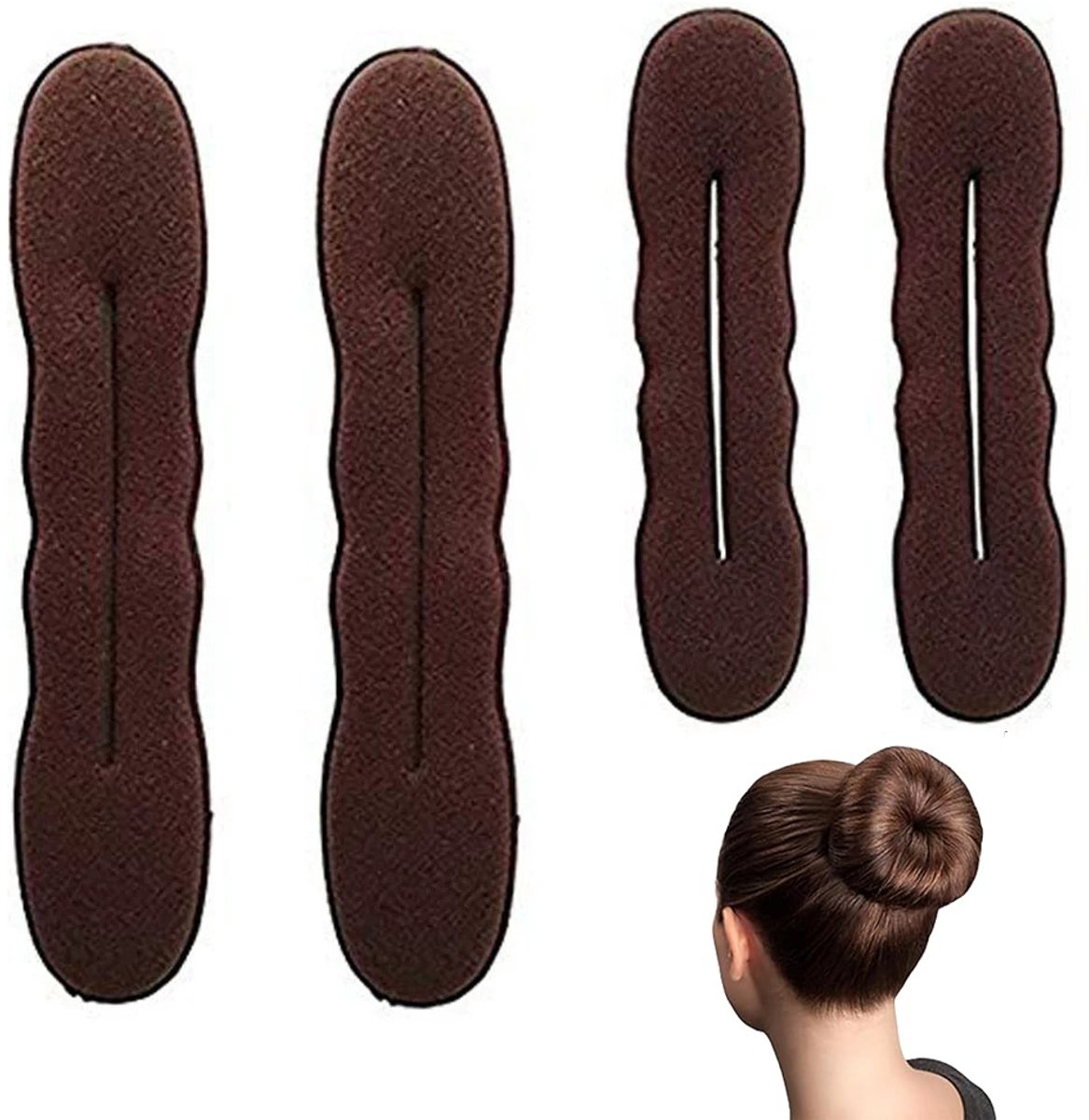 4-delige knotmaker voor vrouwen, magische broodjesmaker, haarkrultang, donutgereedschap, Lazy Foam Sponge Bun Shaper, haaraccessoires voor lang, krullend en steil haar, Bruin
