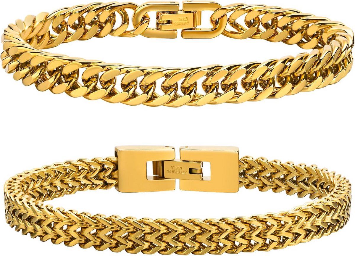 Cuban Link Armband voor Heren - Robuuste Roestvrijstalen Dubbele Franco Schakelarmband - 2 Stuks in Zwart, Goud of Zilver