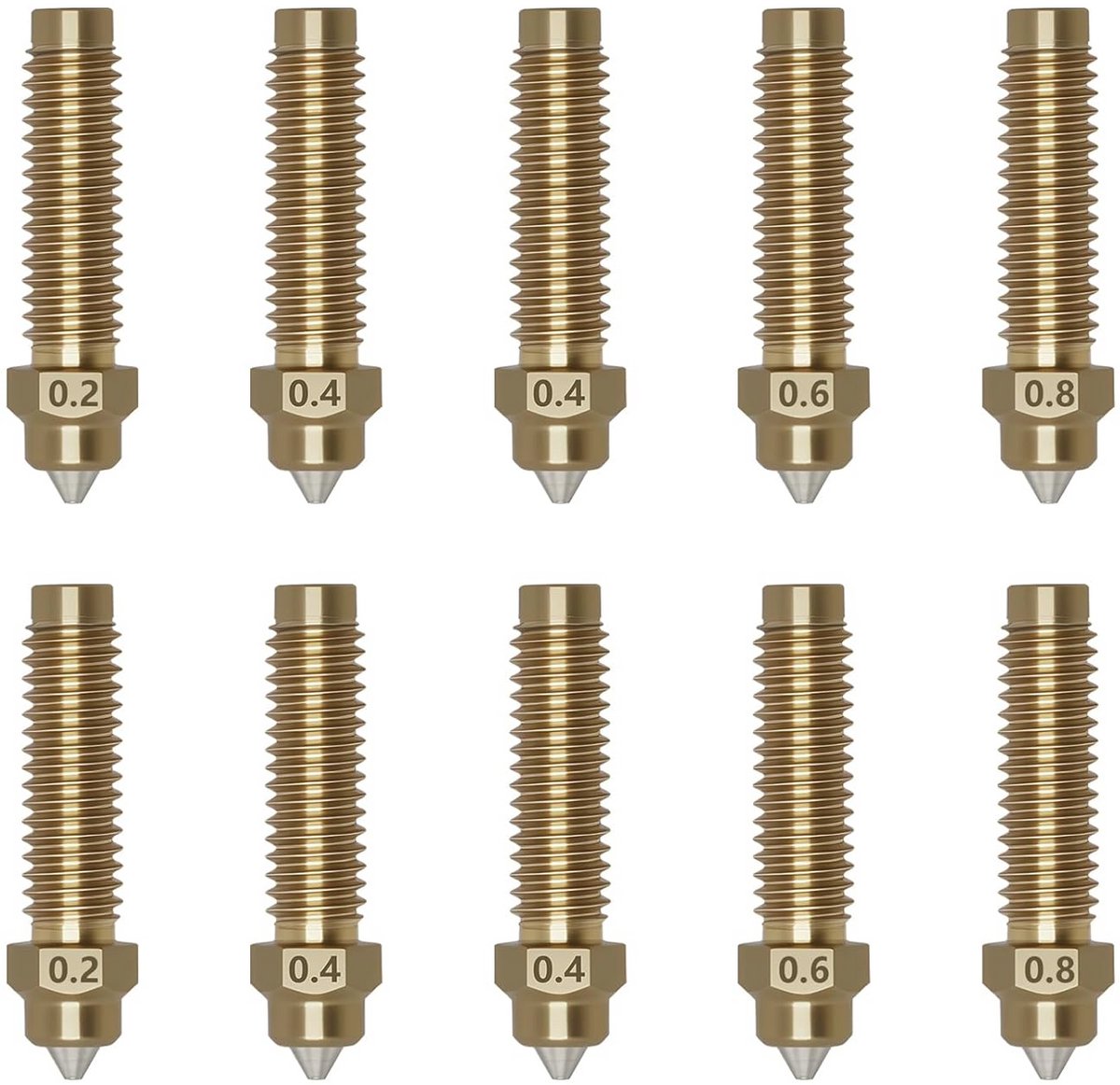 10 stuks koperen geharde stalen spuitmonden set voor 3D-printers - 0,2 mm, 0,4 mm, 0,6 mm, 0,8 mm maten