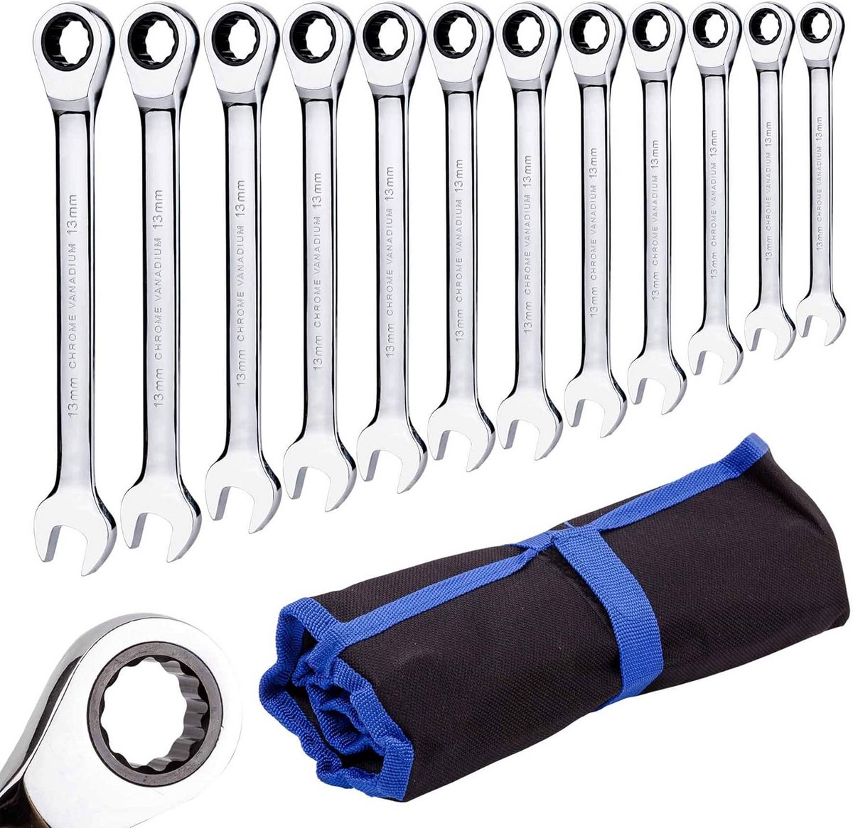 12-delige ratelsleutelset voor metrische maten van 8mm tot 19mm met roltas - Ideaal voor huis, fiets en autoreparaties